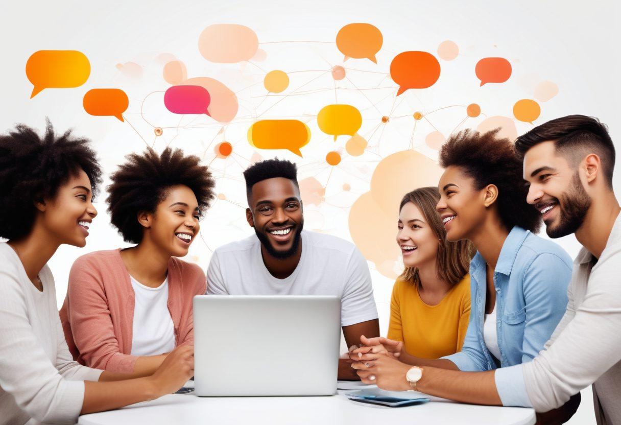 A diverse group of people from different backgrounds collaborating enthusiastically in a digital workspace, showcasing a vibrant community hub with chat bubbles symbolizing engagement, and digital support interaction. The background features an abstract visualization of support networks and social connections. The atmosphere is warm and inviting, emphasizing togetherness and innovation. super-realistic. vibrant colors. white background.