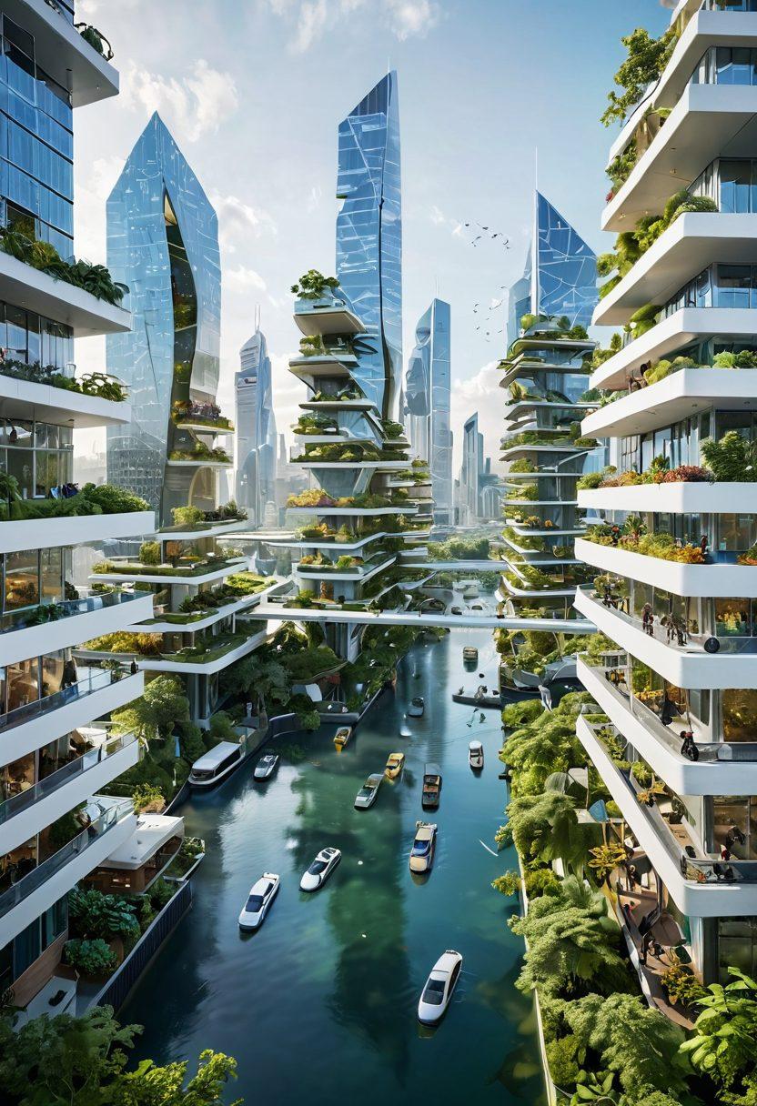 A futuristic city skyline featuring advanced technology such as floating vehicles, solar panels, and green rooftops, with diverse individuals interacting with innovative devices and holographic displays. The atmosphere is vibrant with lush greenery integrated into urban spaces symbolizing sustainability. Bright colors illuminate the scene, highlighting the idea of cutting-edge solutions that redefine living. super-realistic. vibrant colors. white background.