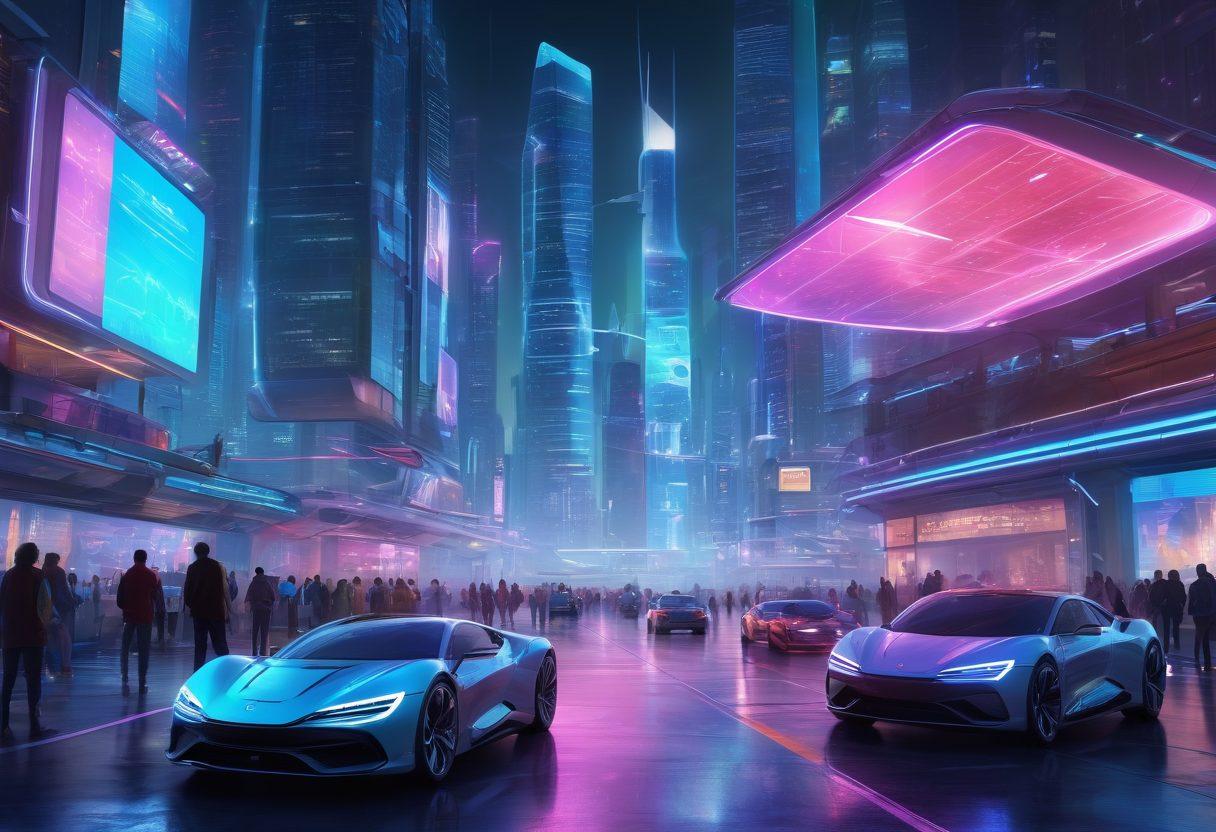A futuristic city skyline with advanced technology seamlessly integrated into daily life, featuring flying cars and solar panels on buildings. In the foreground, diverse people collaborating on holographic displays showcasing Hibb's innovative solutions. The scene brightly illuminated by neon lights, emphasizing a sense of progress and innovation. sci-fi art. vibrant colors. hyper-realistic.